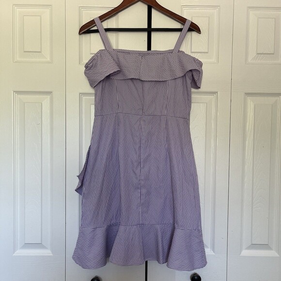 Women’s Donna Morgan Purple Blue Gingham Ruffle Off The Shoulder Dress Size 6 - Picture 7 of 9